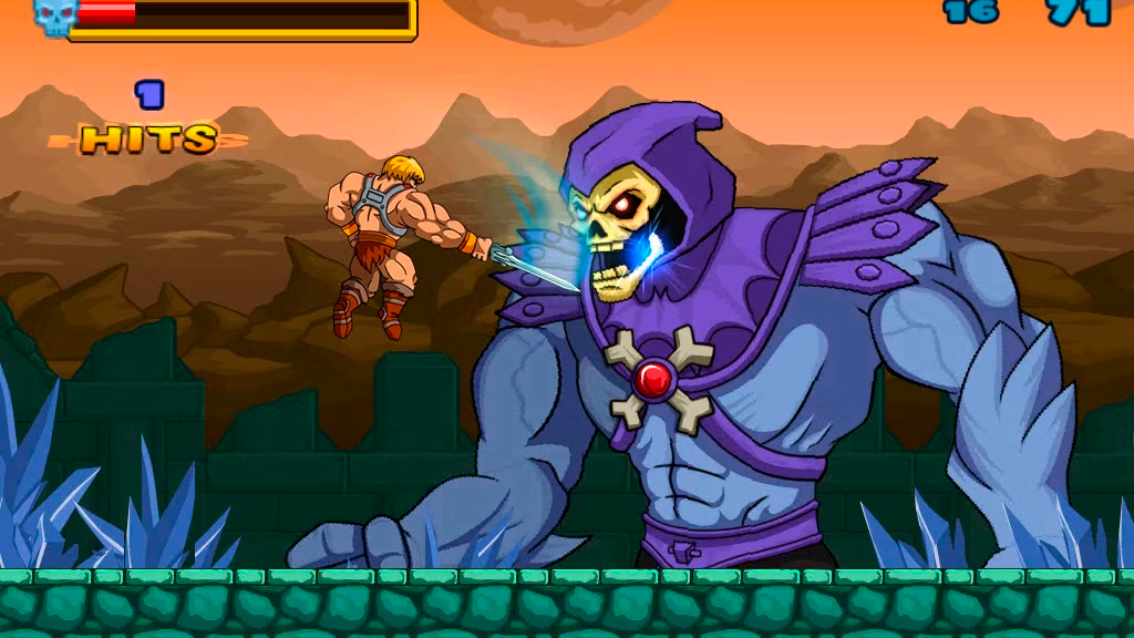 Captura de la épica batalla de jefe final en He-Man: The Most Powerful Game in the Universe (iOS), donde He-Man se enfrenta a una versión gigante y poderosa del villano Skeletor en un juego de acción y plataformas.