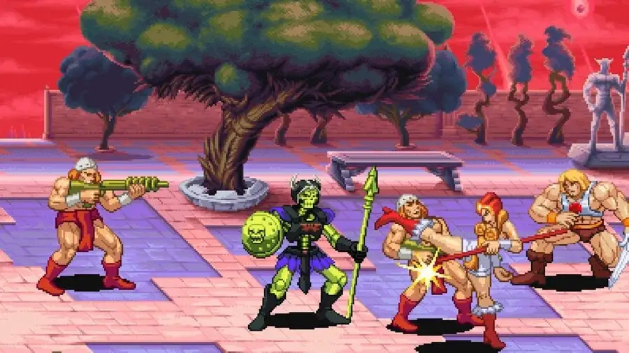 Captura de pantalla del beat 'em up retro de He-Man and the Masters of the Universe: Dragon Pearl of Destruction, mostrando a Teela y Man-at-Arms luchando contra Skeletor y un enemigo en un escenario de Eternia.
