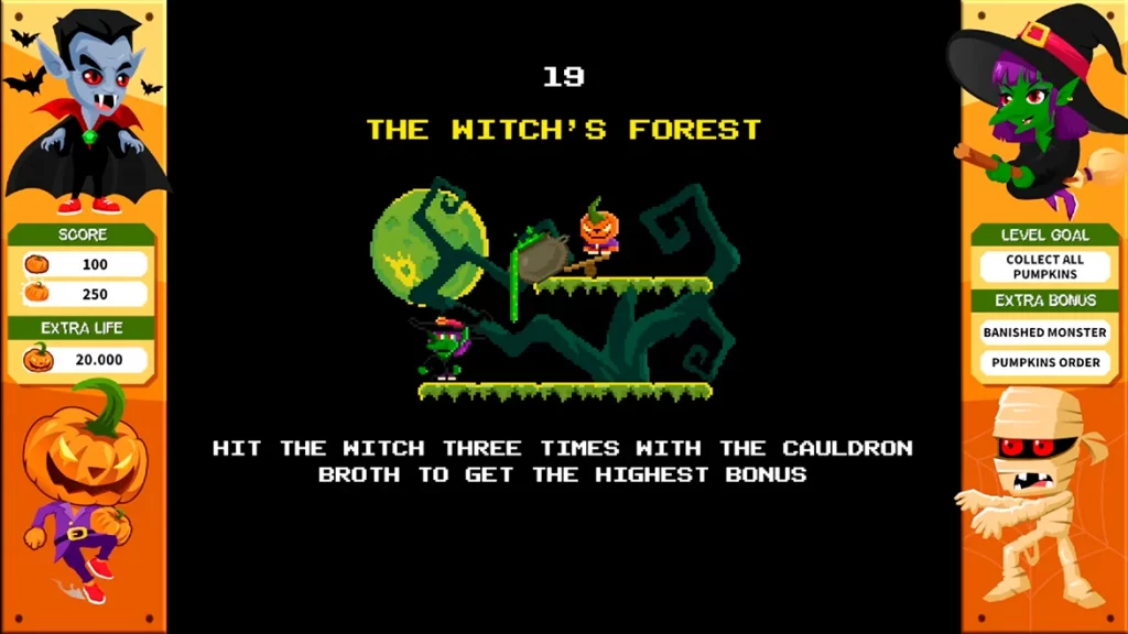 Vista de la presentación del diseño de pixel art del nivel "The Witch's Forest" (La Bruja). Muestra los desafíos técnicos y la resolución pequeña del juego arcade.