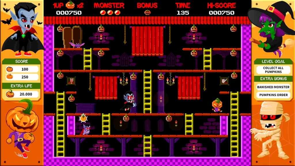 Pumpkman, el protagonista de Halloween 1985, en el Castillo Oscuro. Captura del nivel de Drácula, un desafío de plataformas retro donde la luz es su enemiga.