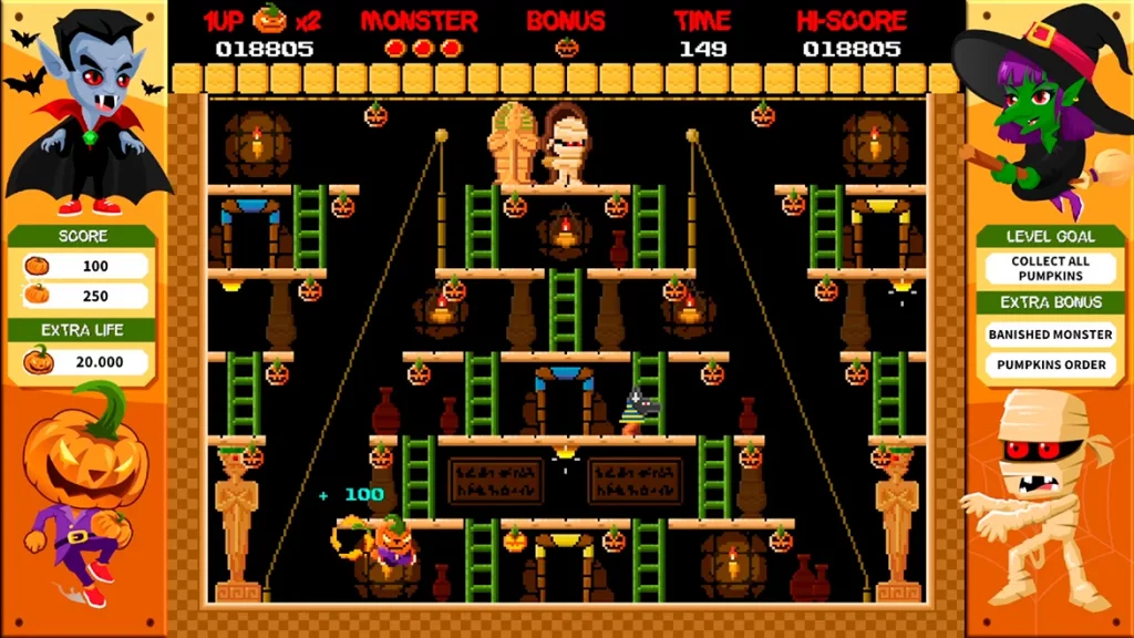 La Momia acecha en los corredores de una misteriosa pirámide. Pumpkman debe usar las tirolesas vertiginosas y puertas secretas para moverse en este nivel de Halloween 1985.