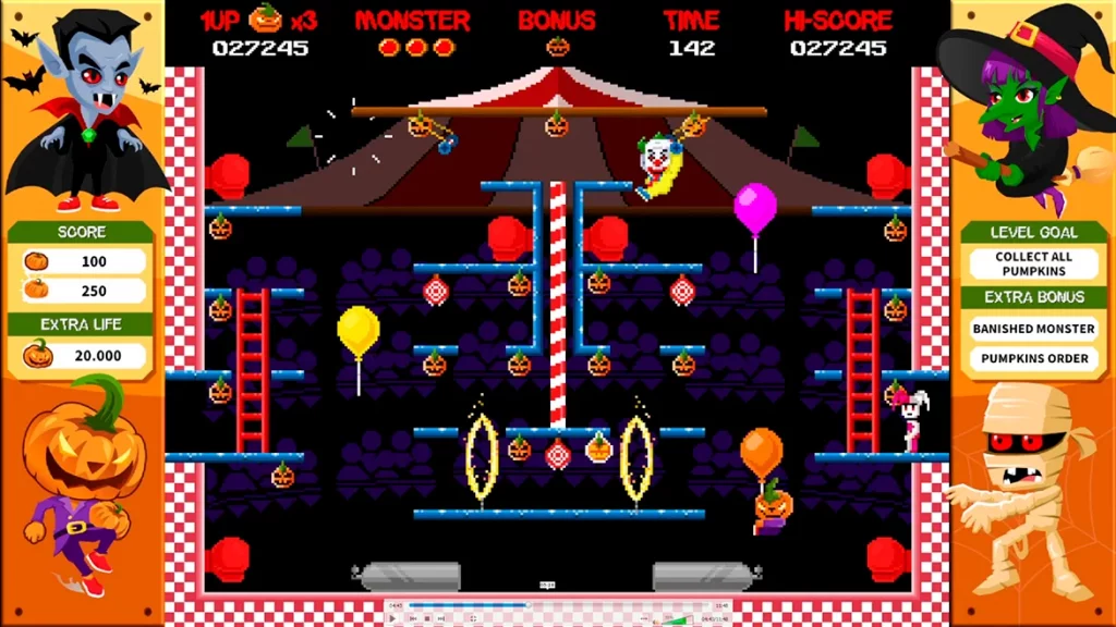 El Payaso Malvado, jefe del Circo Diabólico en Halloween 1985. Pumpkman utiliza los globos y trapecios para moverse en este nivel de acción y plataformas.