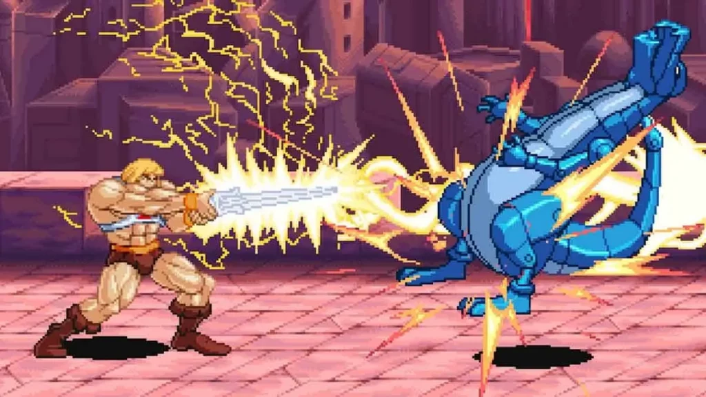 Captura de gameplay 2D de He-Man lanzando un ataque eléctrico con su espada de poder contra un dragón robótico azul en el beat 'em up He-Man: Dragon Pearl of Destruction.
