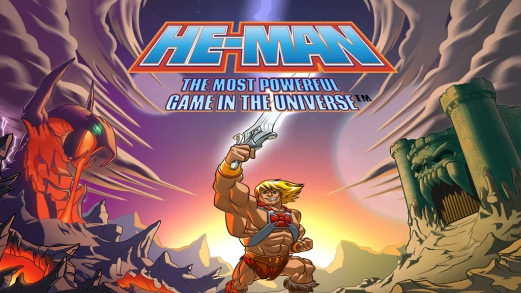 Captura de pantalla del juego de plataformas móvil He-Man: The Most Powerful Game in the Universe (2012), mostrando a He-Man en combate con enemigos en un escenario lateral de Eternia.