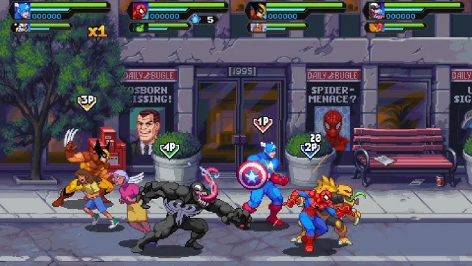 Combate multi-personaje en Marvel Cosmic Invasion, mostrando a Lobezno, Venom y Capitán América frente al edificio Daily Bugle en el beat 'em up retro.