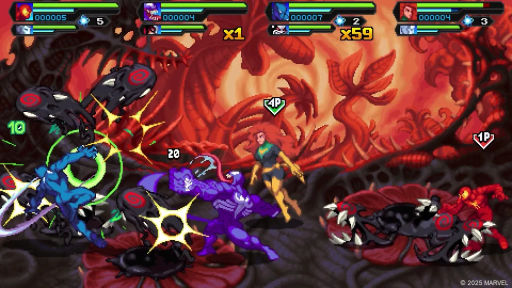 Combate en Marvel Cosmic Invasion: Jean Grey y Venom contra simbiontes en un escenario de la Zona Negativa, destacando el estilo retro beat 'em up.