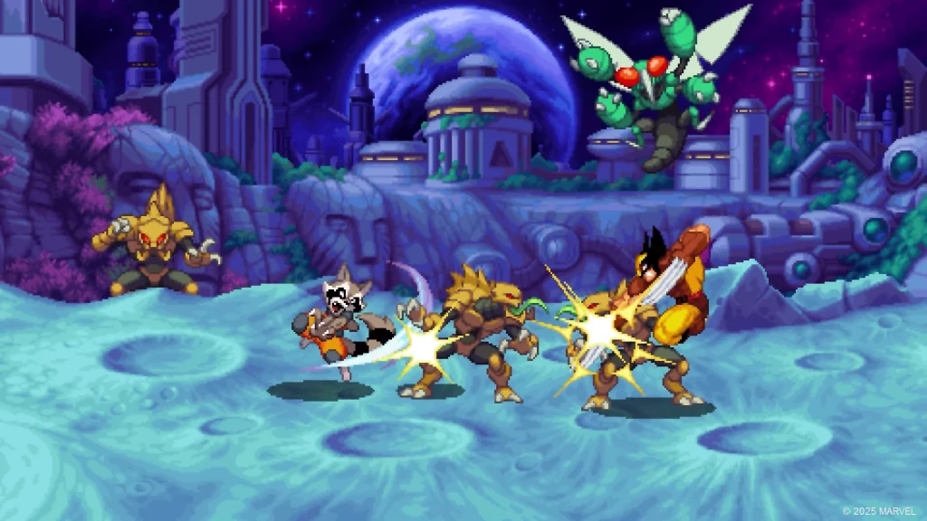 Rocket Raccoon y Lobezno combatiendo enemigos en un nivel lunar de Marvel Cosmic Invasion, el beat 'em up retro.