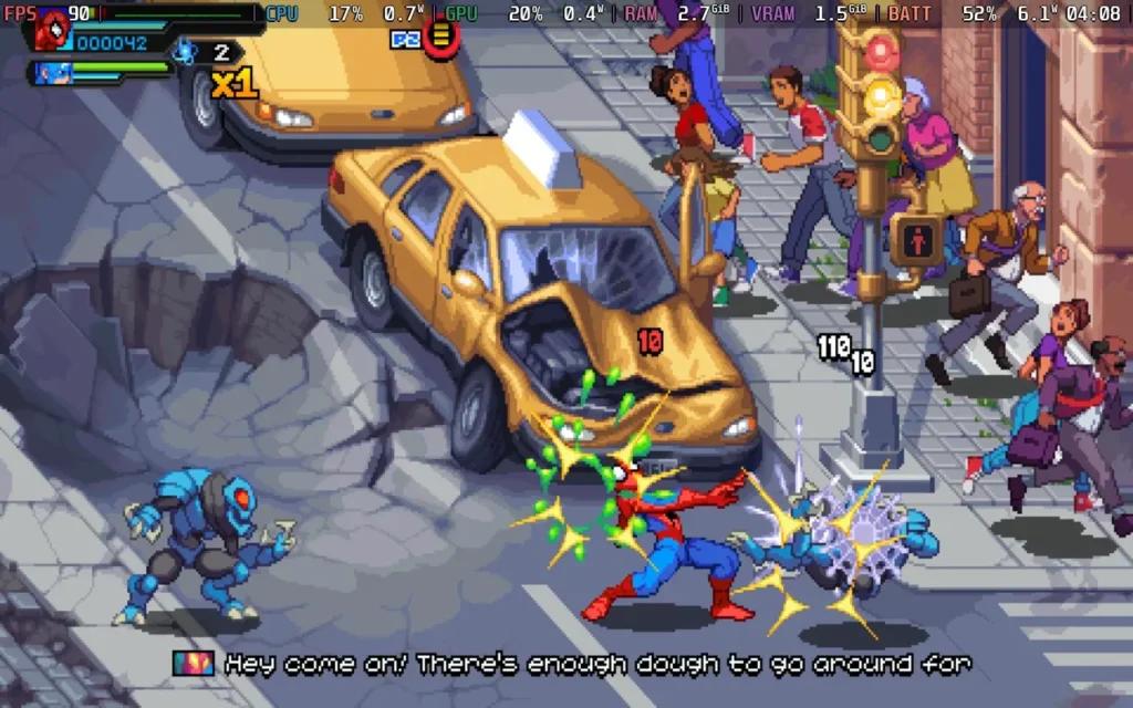 Gameplay de Marvel Cosmic Invasion: Spider-Man luchando contra enemigos en un entorno urbano destrozado, destacando el estilo pixel art.