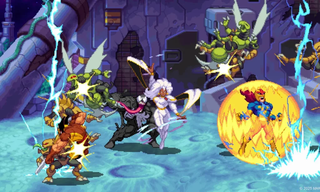 Combate en Marvel Cosmic Invasion con Tormenta, Venom y Nova usando habilidades especiales en el beat 'em up pixel art.