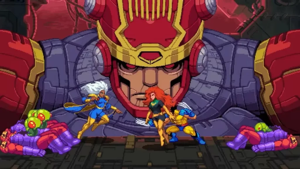 Gameplay de Marvel Cosmic Invasion con Lobezno, Tormenta y Jean Grey luchando contra un Sentinel gigante, mostrando el estilo beat 'em up pixel art.